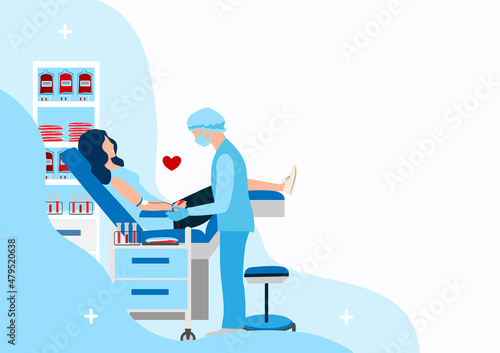 Blood donor. A volunteer in a medical chair donates blood. Blood donation. World Blood Donor Day. Vector illustration template for postcard, poster, media.