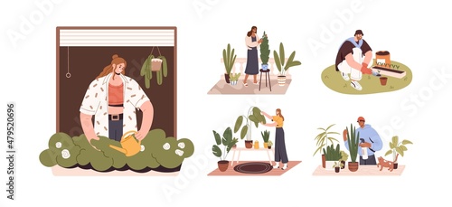 People water and care about plants set. Persons with watering cans  grow and cultivate flowers  foliage houseplants in pots at home and outdoors. Flat vector illustrations isolated on white background