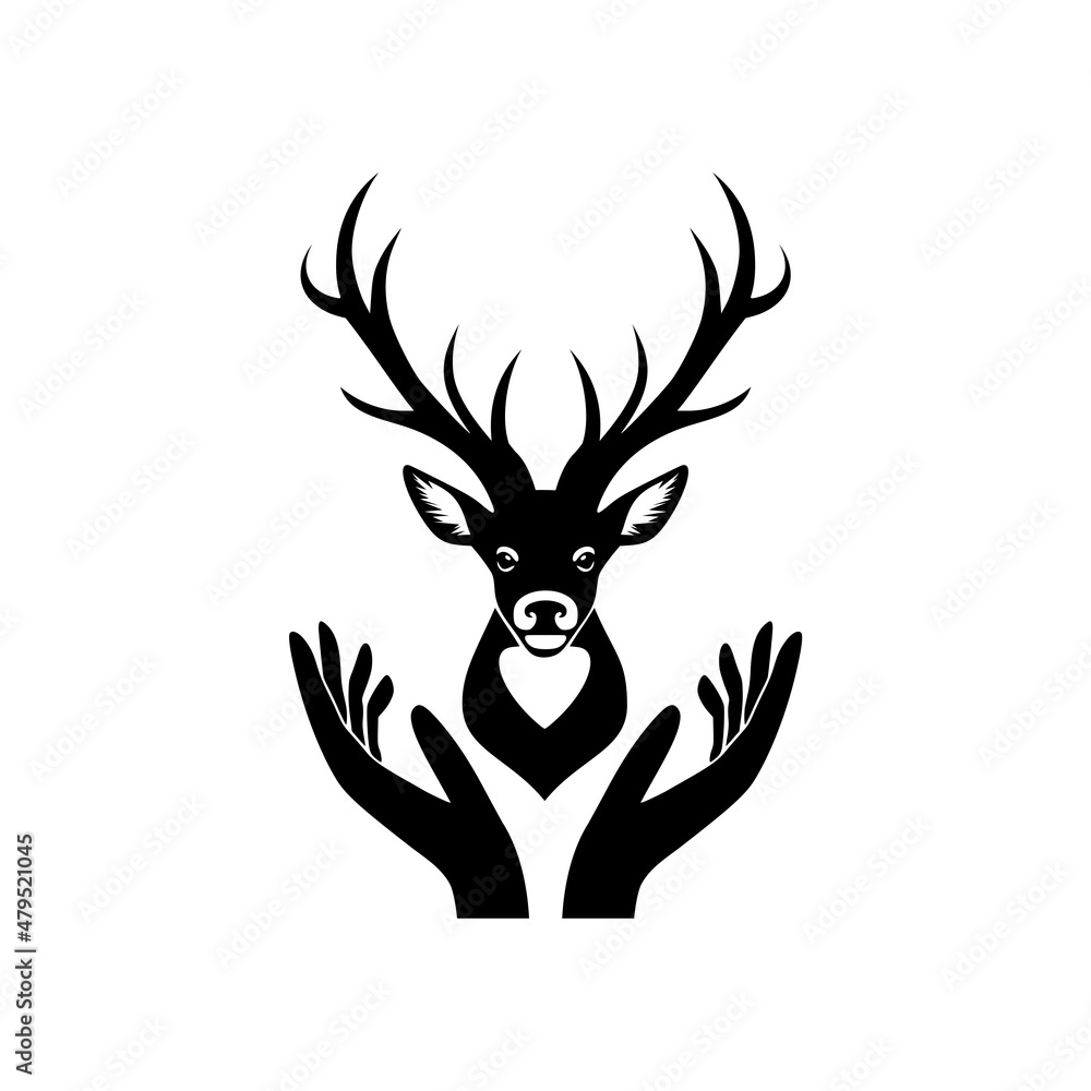 Deer head logo with hand concept isolated on white background Deer head logo with hand concept isolated on white background