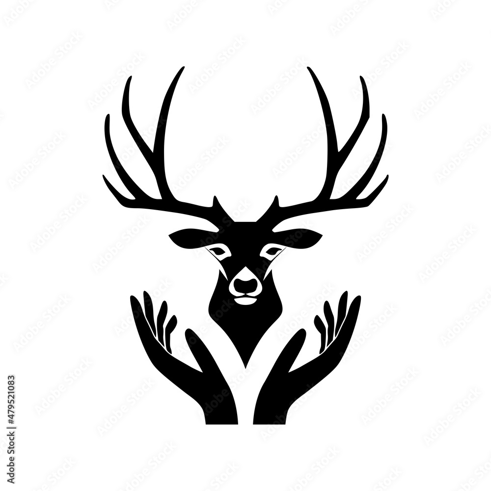 Deer head logo with hand concept isolated on white background