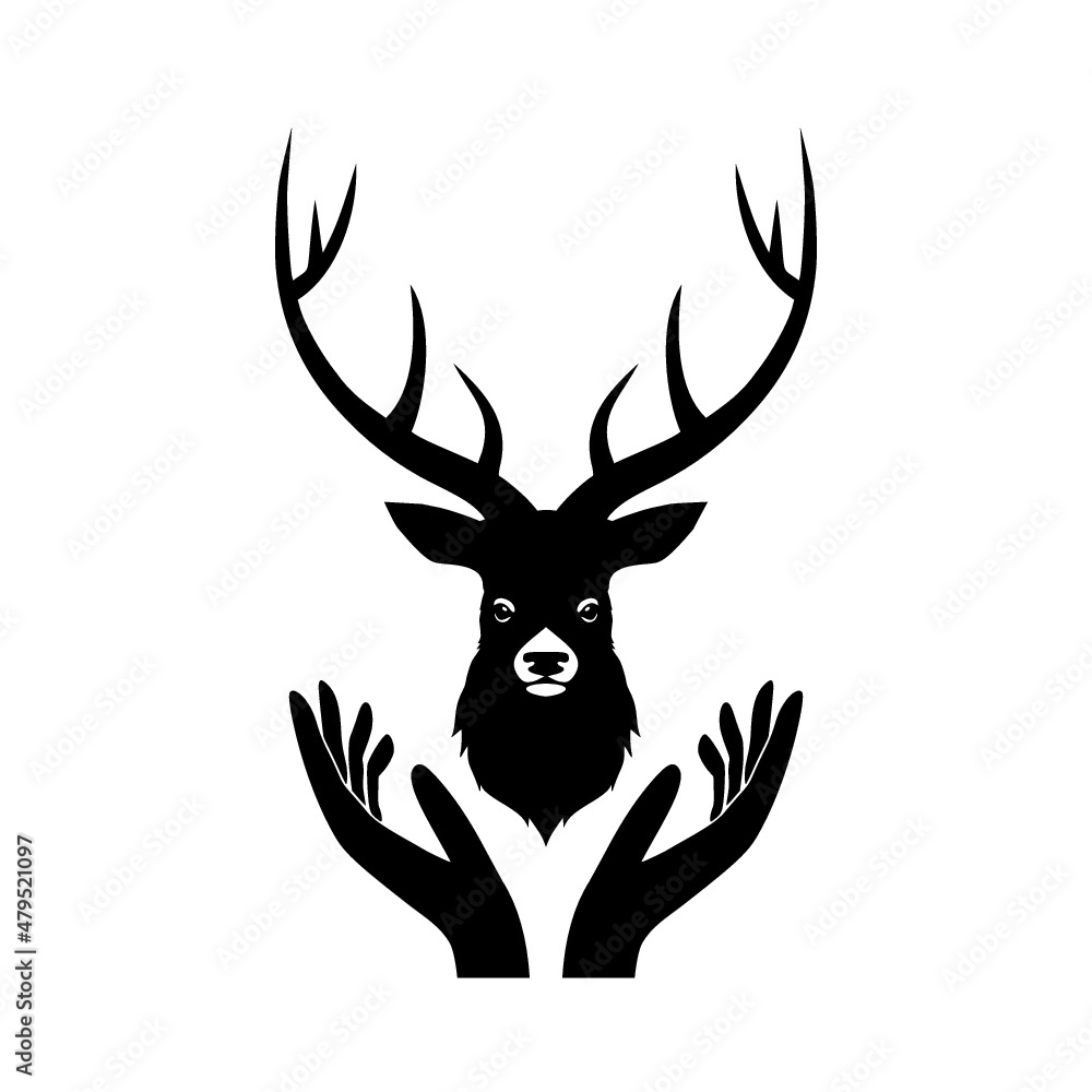 Deer head logo with hand concept isolated on white background Deer head logo with hand concept isolated on white background