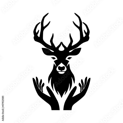 Deer head logo with hand concept isolated on white background