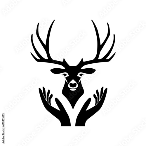 Deer head logo with hand concept isolated on white background