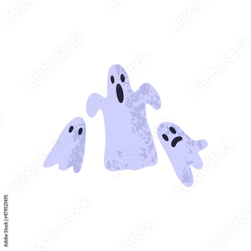 Halloween ghosts. Cute funny boo characters. Spooky phantoms in doodle style. Scary horror spooks family. Childish flat vector illustration of Haloween ghouls with faces isolated on white background