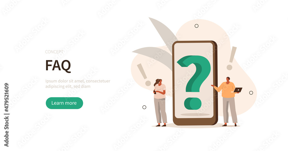 
People characters looking at question mark on smartphone. Woman and man ask questions and receive answers. Support center. Frequently asked questions concept. Flat cartoon  vector illustration.