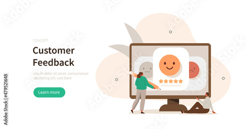 Customer feedback and user experience scene. Characters choosing positive emoji to show customer service satisfaction rating and giving five stars review. Vector illustration.