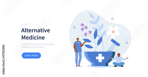 Characters taking care about health and using aromatherapy and other alternative health care methods. Alternative and herbal medicine concept. Vector illustration.
