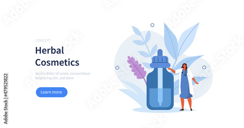 Doctor or cosmetologist presenting herbal oil serum for aromatherapy or other alternative health care methods. Alternative herbal medicine and cosmetic concept. Vector illustration.