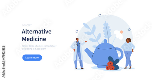 Doctor recommending patient herbal tea or other alternative health care methods. Alternative herbal medicine concept. Vector illustration.