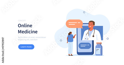 Patient meeting with doctor online, having consultation and receiving digital prescription. Telemedicine and e-health concept. Vector illustration.