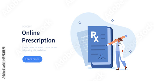 
Doctor online on smartphone writing digital medical prescription. Telemedicine and e-health concept. Vector illustration.
