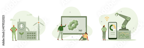 Smart industry illustration set. Smart intelligence technology in industrial factory. Characters wearing virtual reality headsets engineering with augmented reality. Industry 4.0. Vector illustration.