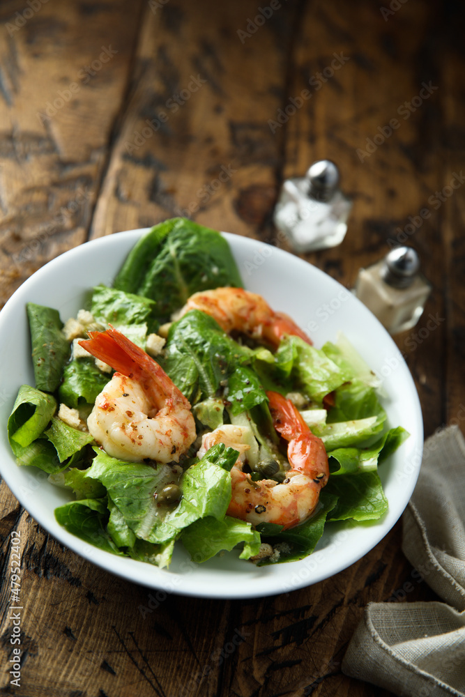 Homemade Caesar salad with shrimps Homemade Caesar salad with shrimps