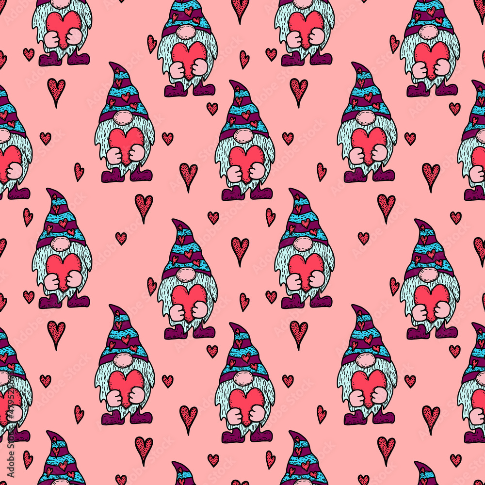 Valentines Day seamless pattern. Cute gnomes with hearts on a pink background. Valentines Day seamless pattern. Cute gnomes with hearts on a pink background.