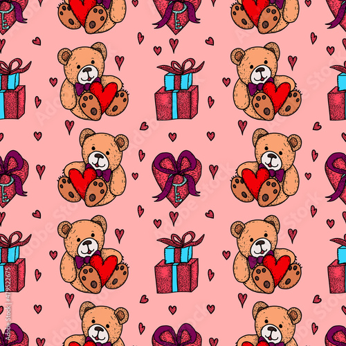 Valentines Day seamless pattern with cute Teddy Bears, gift boxies, hearts on a pink background.