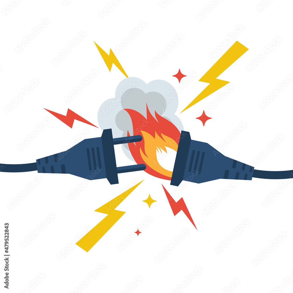 Electrical outlet is burning. Fire wiring. Turns off the burning outlet. Faulty damaged cable