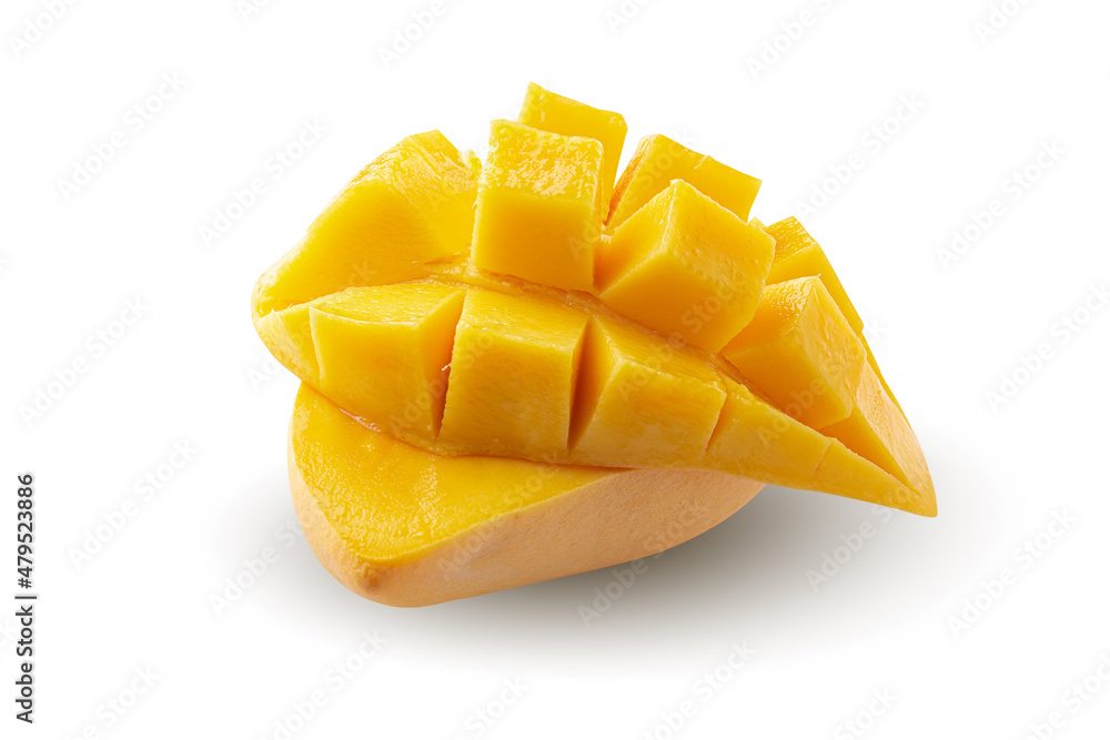 Mango fruit with mango cubes and slices Isolated on white background Mango fruit with mango cubes and slices Isolated on white background