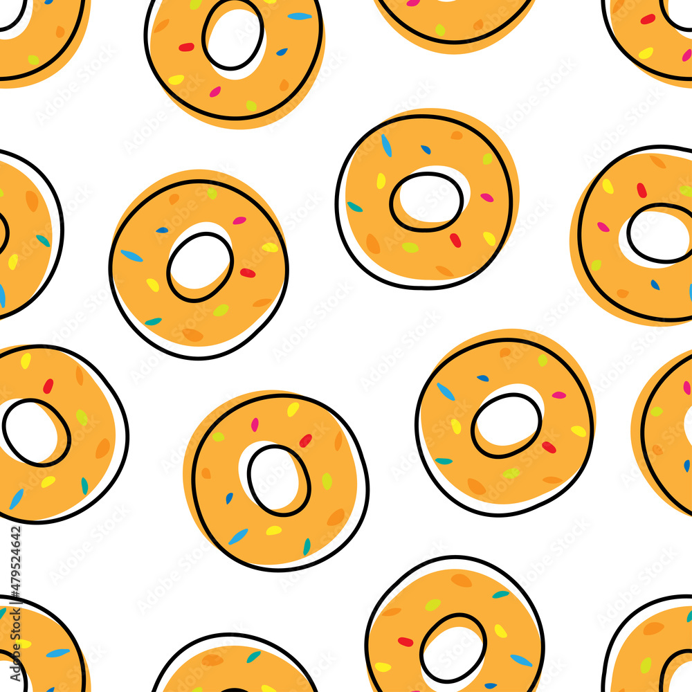 Fototapeta premium Glazed donuts seamless pattern. Vector icons isolated on white background. Bagel dessert flat linear style