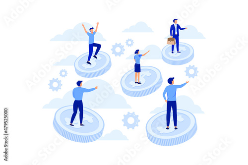 united business team is flying astride money on the way to the goal and success flat vector