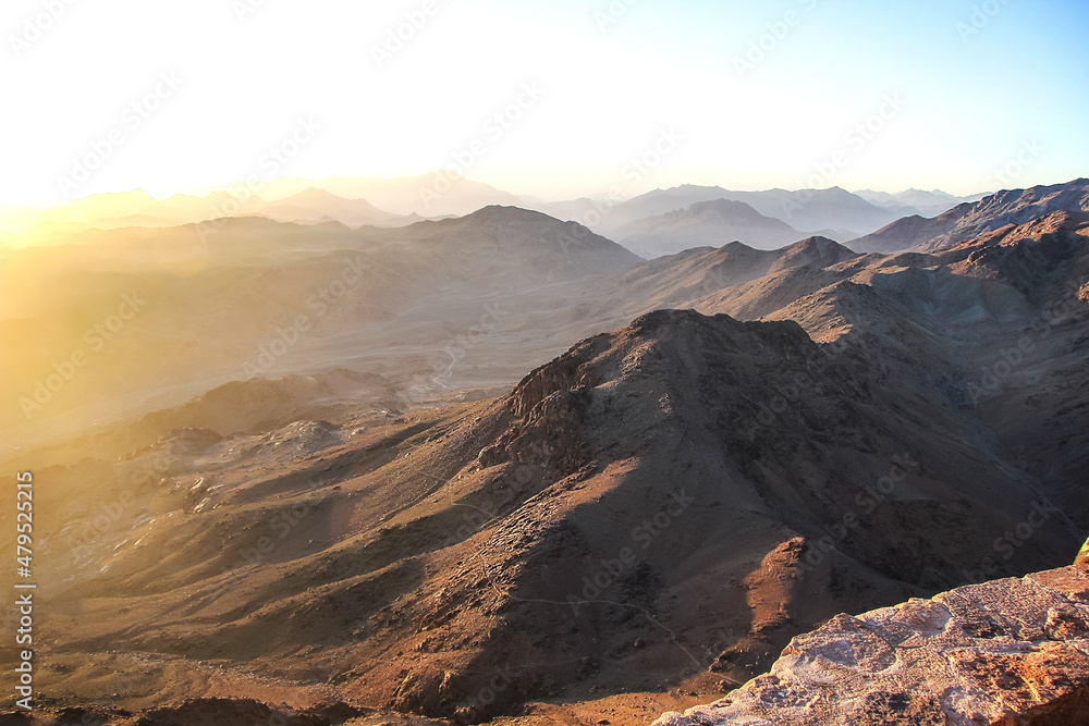 Dawn on Mount Sinai, the path of Moses in Egypt. Enchanting desert views. St. Catherine's Peak