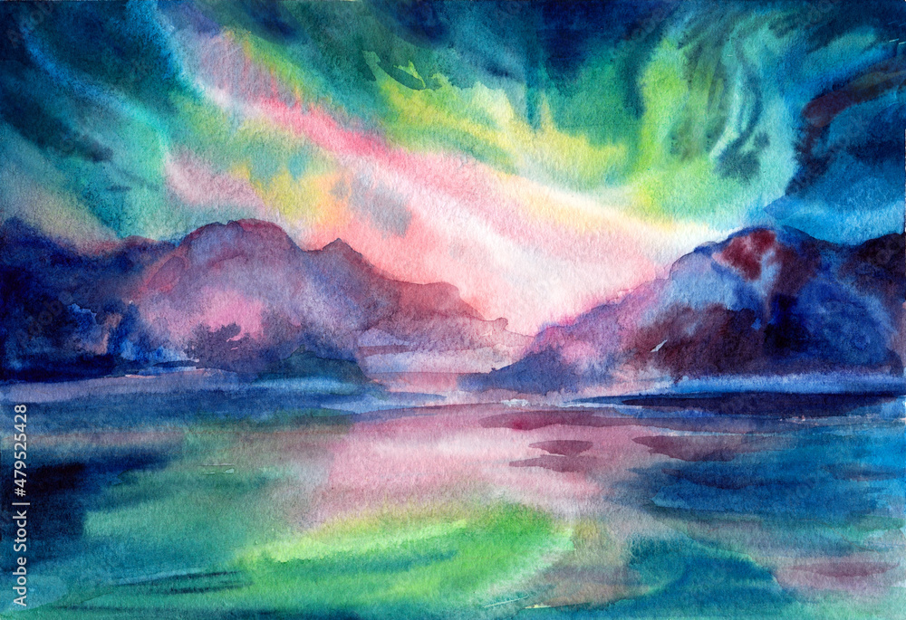 Northern landscape in watercolor: sunrise, northern lights above the lake, rocks. For printing tourism products, postcards, banners, diary design, wallpaper, stickers, book illustrations.