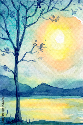 Watercolor landscape: sun over the lake and the silhouette of a tree in the foreground. Romantic illustration for diary, stickers, postcards, invitations, banners, background, website design.