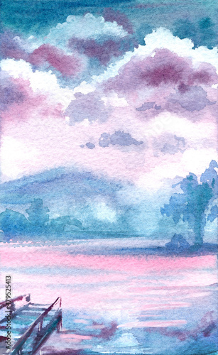 Watercolor landscape with a wooden bridge with fog over a quiet lake and a mountain in the distance. Illustration for books and magazines, design of cards, invitations, banners, wallpapers.