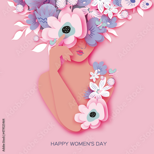 Beautiful female face. Floral vase woman. Flower bouquet. Happy Women's day. Happy Mother's Day. Venera, Venus female concept paper cut style. Bodypositive. 8 March. Pink. White. Very peri