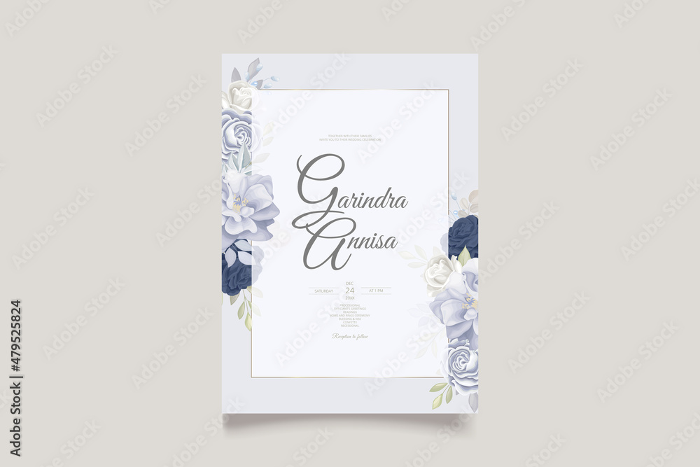 Elegant wedding invitation card with navy blue floral and leaves template Premium Vector