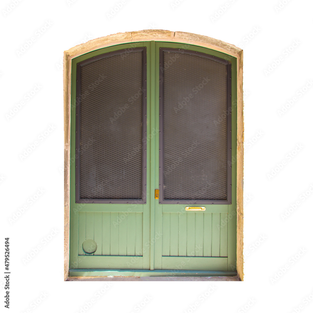Green entrance front door isolated on white. Colorful classic ancient wooden streetdoor with windows in the wall.