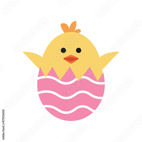 Vector cute chick in egg. Cracked egg with ornament. Colorful.