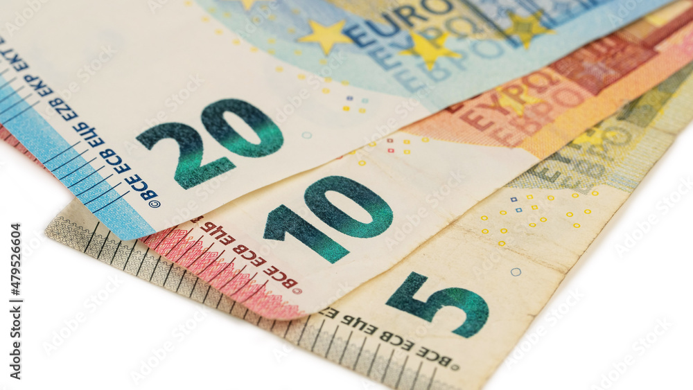 Obraz premium Close-up of five, ten and twenty euro bills.