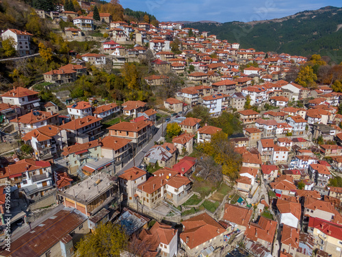 Aerial drone photo of iconic village of Metsovo with traditional house, Epirus, Greece