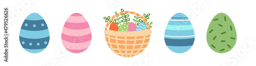Vector cute easter set. Cute eggs and basket of eggs.