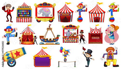 Set of circus characters and amusement park elements
