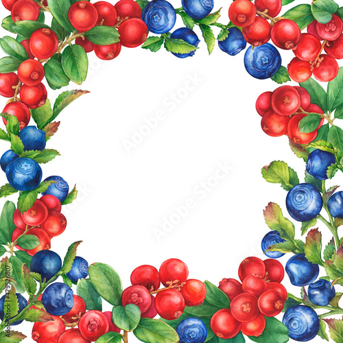 Border, frame with Cowberry (Vaccinium vitis-idaea, lingonberry) and blueberry berries (bilberry, whortleberry, huckleberry) Watercolor hand drawn painting illustration isolated on white background