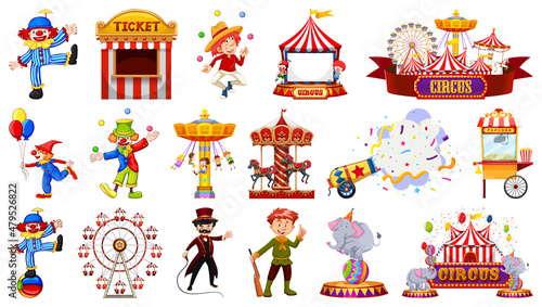Set of circus characters and amusement park elements