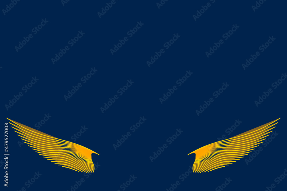 Obraz premium Gold wings of a bird on a blue background vector template. Bird wings. Golden color. Template for text. Background image. Abstract iDustration. Vector graphics. Magazine cover. Business card.