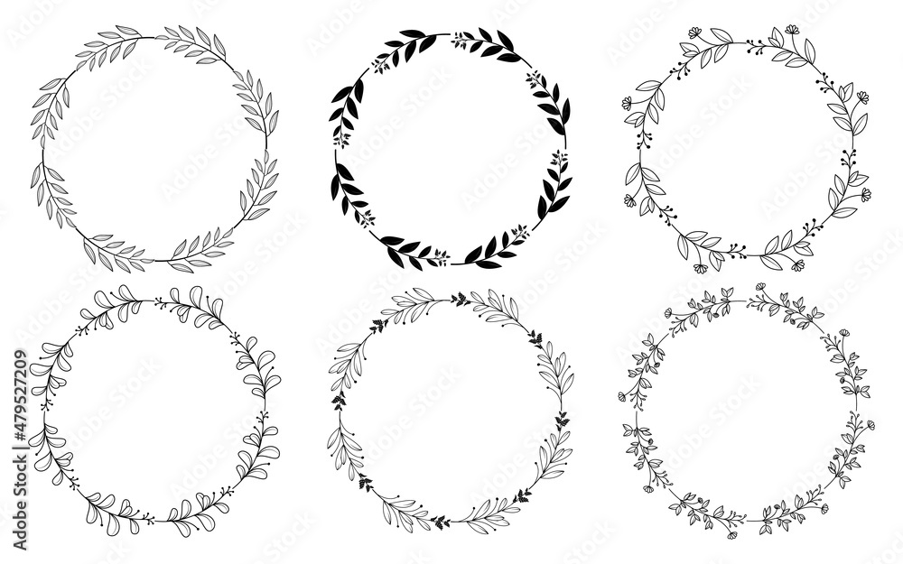 Set of hand drawn doodle round floral wreaths frames. Flower line and leaf circle frames design elements for wedding, mothers day, birthday, invitations. Set of hand drawn doodle round floral wreaths frames. Flower line and leaf circle frames design elements for wedding, mothers day, birthday, invitations.