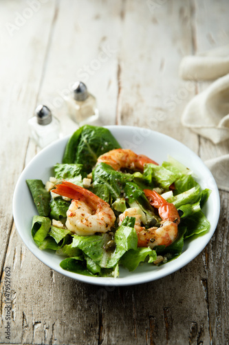 Homemade Caesar salad with shrimps