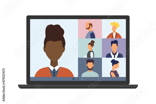 Video conference call, remote project management, quarantine, chat with friends. Vector illustration in a modern style.