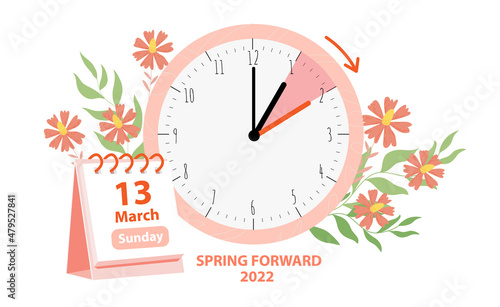 Daylight Saving Time Begins concept. Vector illustration of clock and calendar date of changing time in march 13, 2022 with spring flowers decoration. Spring Forward Time illustration banner