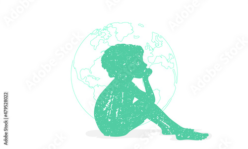 Vector of Poor Staring Hungry Orphan Child. World War Refugee Kid, Street Beggars. Editable Illustration. photo