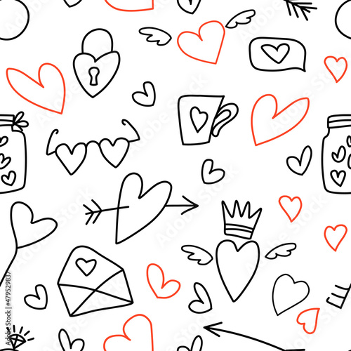 Seamless pattern about love. Doodle style on a white background with black and red elements. Pattern includes heart  arrow  glasses  cup  key  speech bubble  ring  wings  jar of hearts  crown. Vector.