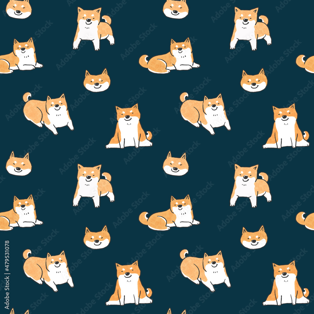 Seamless Pattern with Cartoon Shiba Inu Dog Design on Dark Blue Background