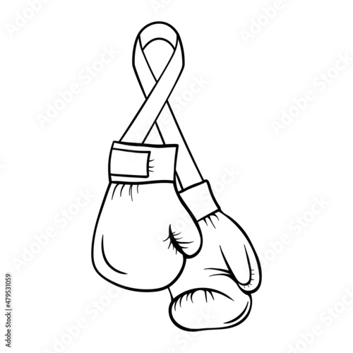 Line boxing gloves with ribbon. Breast cancer icon isolated on white background in outline style