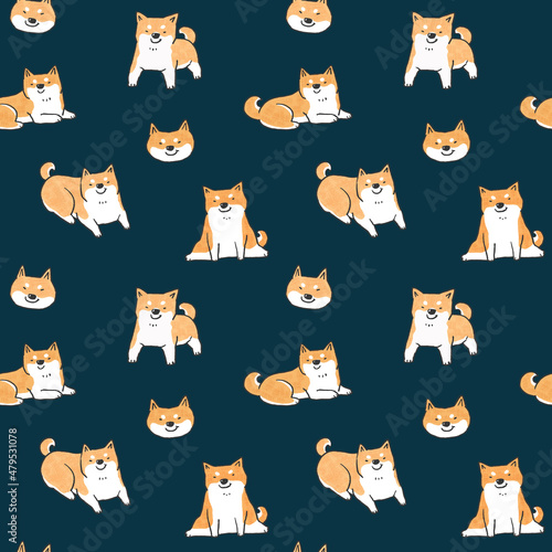 Fototapeta Naklejka Na Ścianę i Meble -  Seamless Pattern with Cartoon Shiba Inu Dog Design on Dark Blue Background