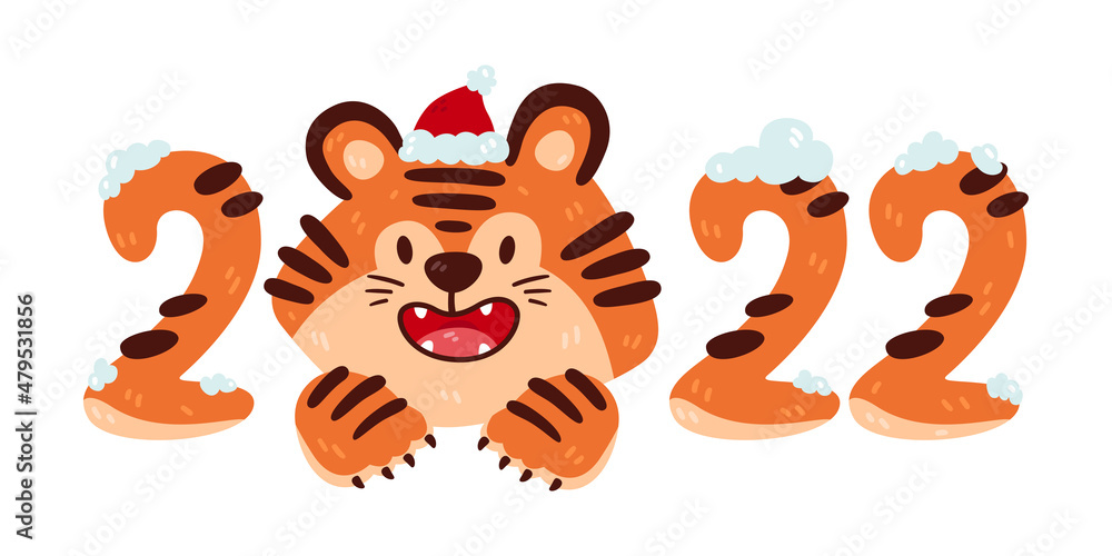 Obraz premium Christmas smiling cartoon tiger 2022 with santa hat. Chinese new year zodiac animal. Nursery print design. Vector illustration isolated on white background. Greeting card template design element.