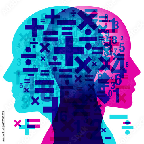 A male and female side outlined silhouette positioned back-to-back, overlaid with various sized semi-translucent numerals and math symbol shapes.