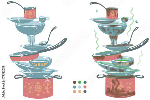 Vector illustration. A set with a mountain of clean washed dishes and dirty dishes with flies. Cleanliness, dirt.